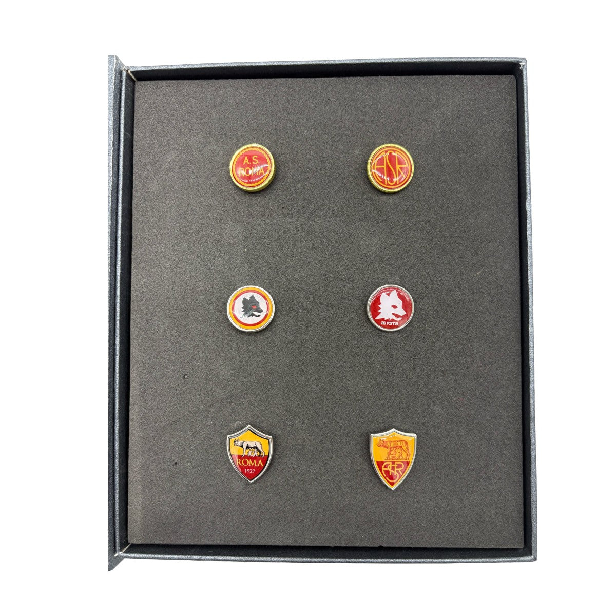 Set of 6 AS Roma pins in a box with the Lupetto logo