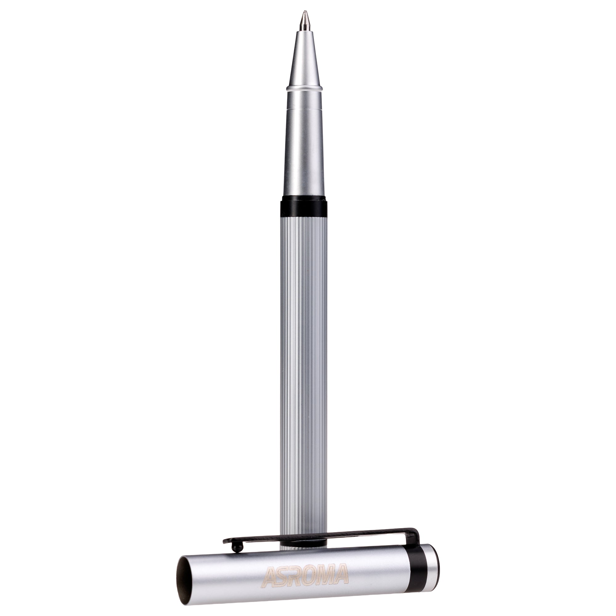 Stainless steel rollerball pen with engraved AS Roma logo and box